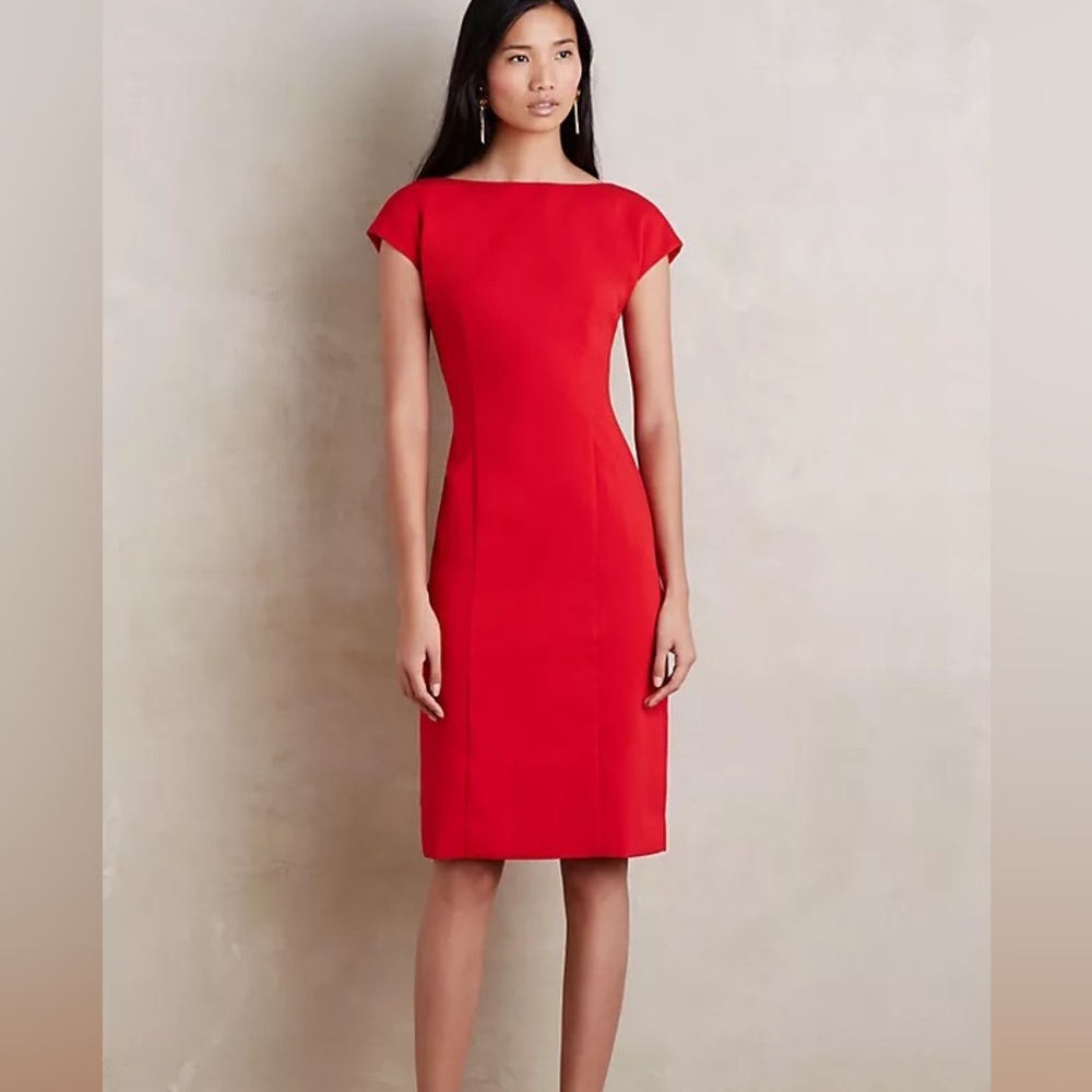 Anthropologie Maeve Evangeline Red Cap Sleeved Sheath Dress Deep V Back Sz 0